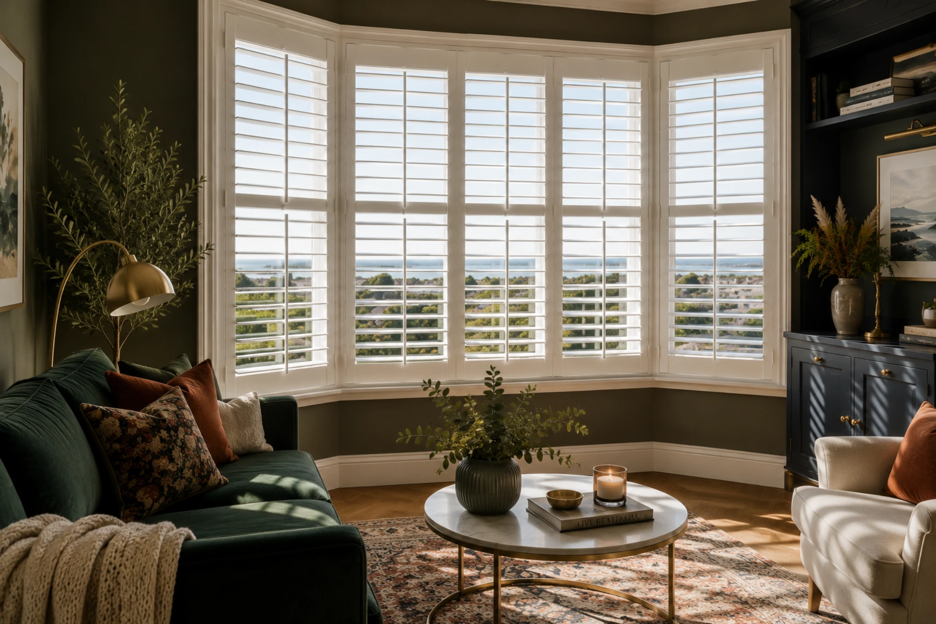 White shutters in a stylish living room | Horizon Blinds and Shutters